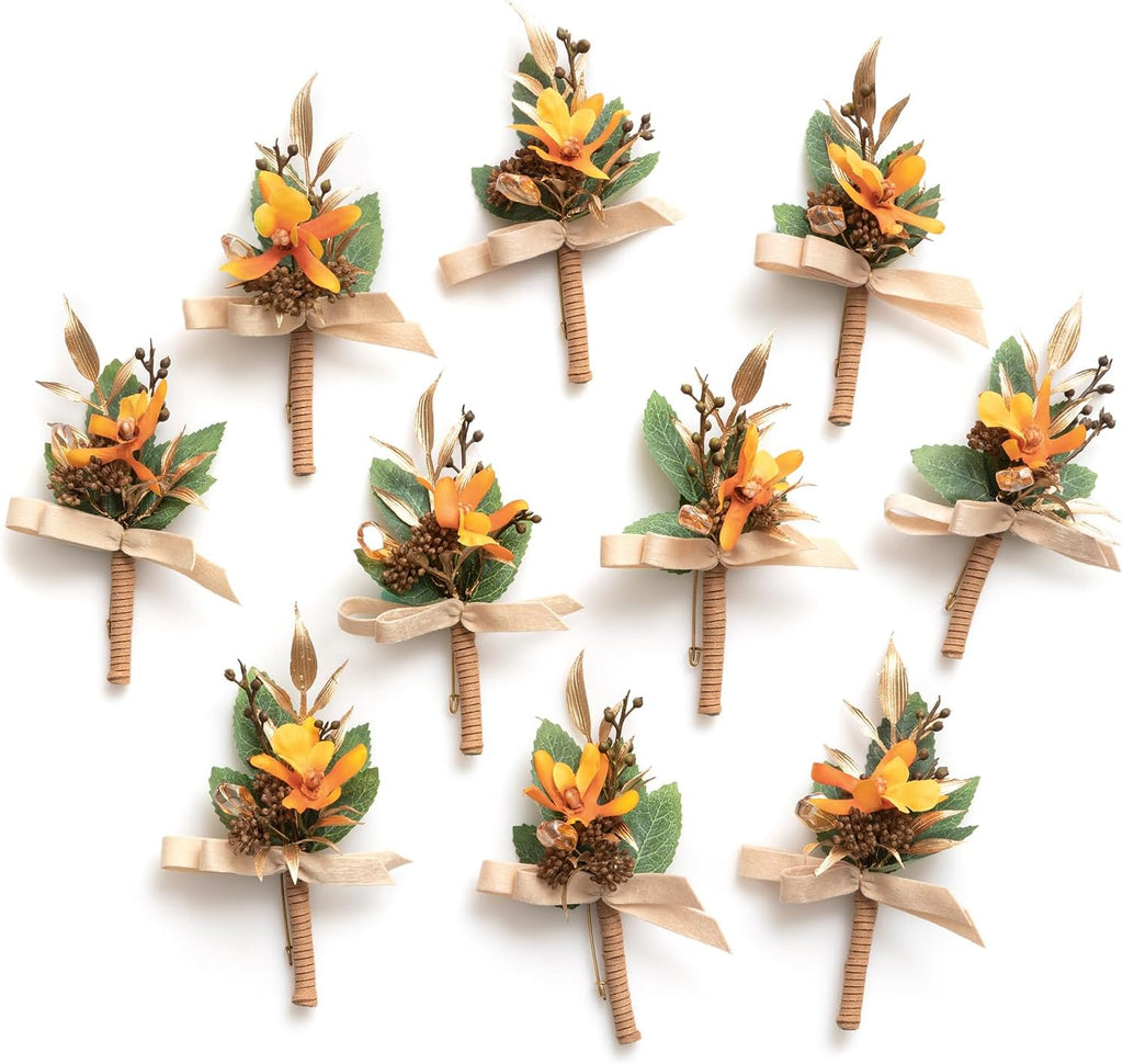 Ling's Moment Boutonniere for Men, 10pcs Groomsmen Guest Boutonniere, Artificial Flowers for Wedding Décor/Prom/Homecoming,etc.Burnt Orange Terracotta