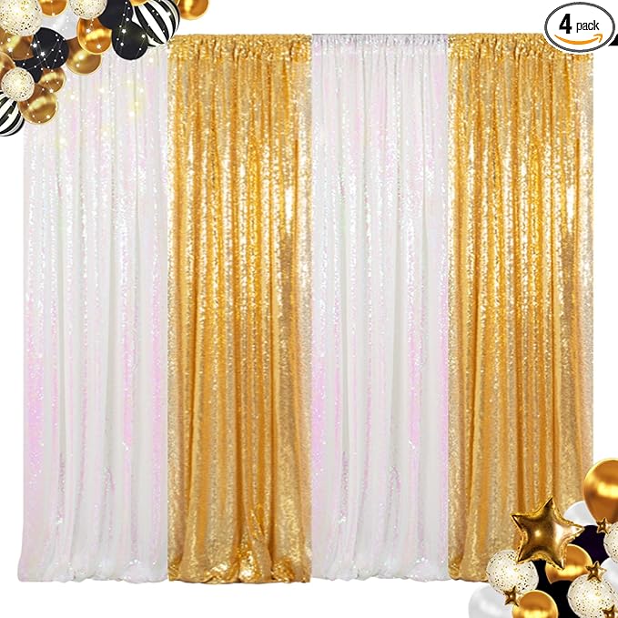 ShinyBeauty 4-Pack Sequin Photo Backdrop Curtains 2x8FT - Glitter Gold & Transparent White Sparkling Wall/Stage Background for Photography Studio, Birthdays, Weddings, Parties