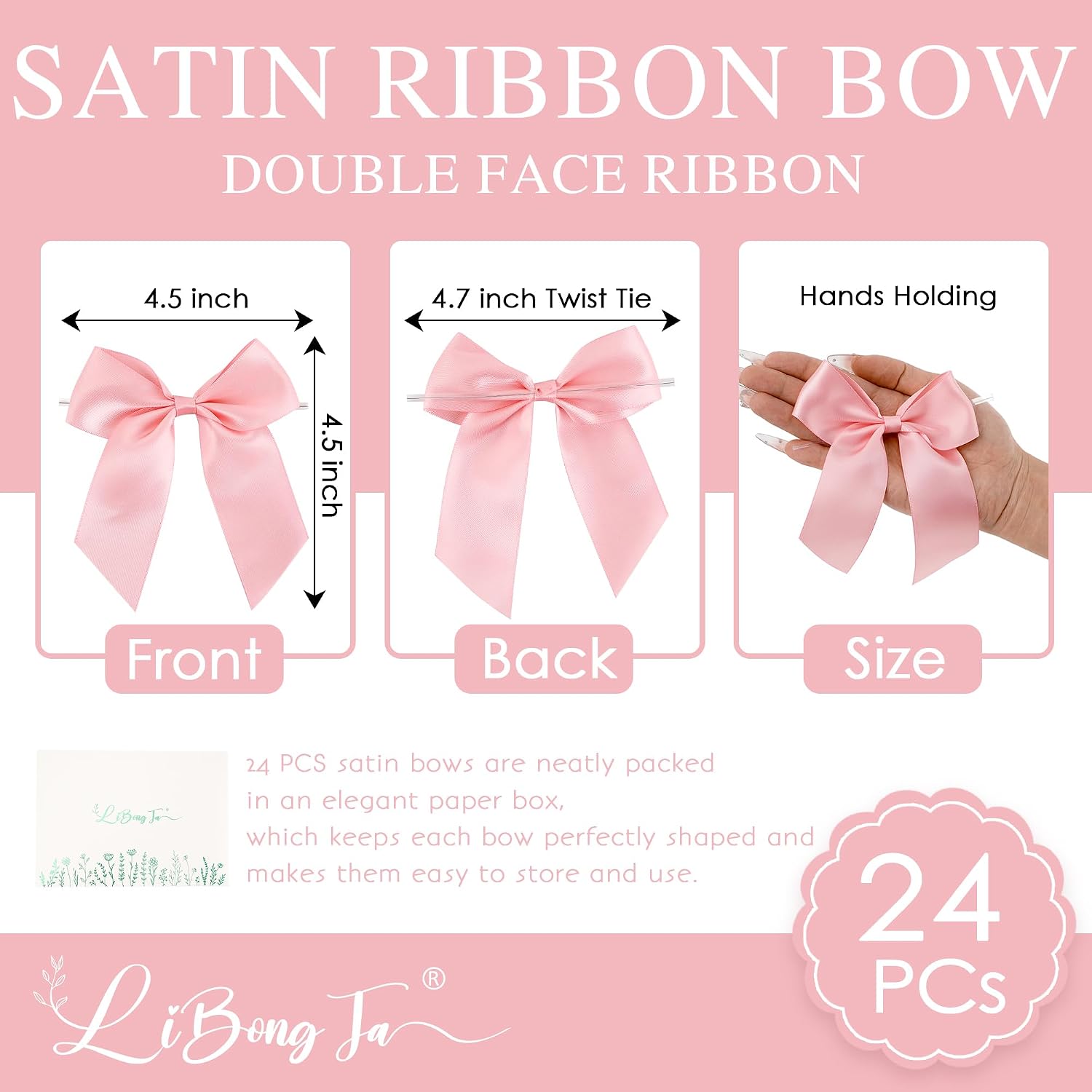 24 PCS Pink Bows for Gift Wrapping 4.5" Pre-Tied Twist Tie Bows Baby Pink Satin Ribbon Bow for Presents Candy Treat Bags Crafts Baby Shower Birthday Party Wedding Decor