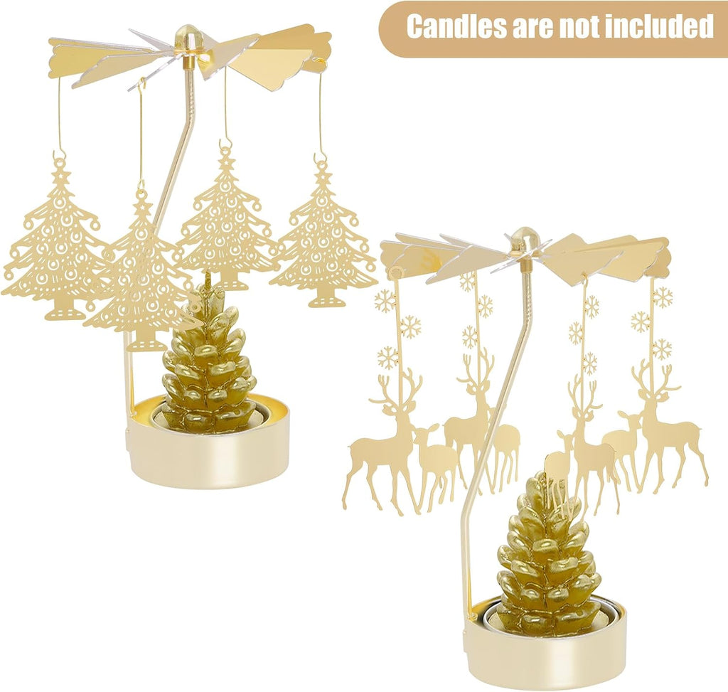 2Pcs Rotary Candle Holder Spinning Tea Light Candle Holder Gold Christmas Tree & Reindeer Style Metal Rotating Candlestick