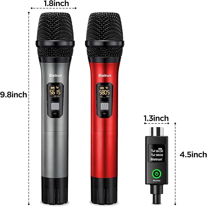 Bietrun XLR Wireless Microphone, UHF Dual Handheld Dynamic Metal Mic Set with Rechargeable Receiver, XLR to 1/4'' Adapter, for Karaoke, Church, Wedding, Party Singing(160 ft Range)(Auto Connect)