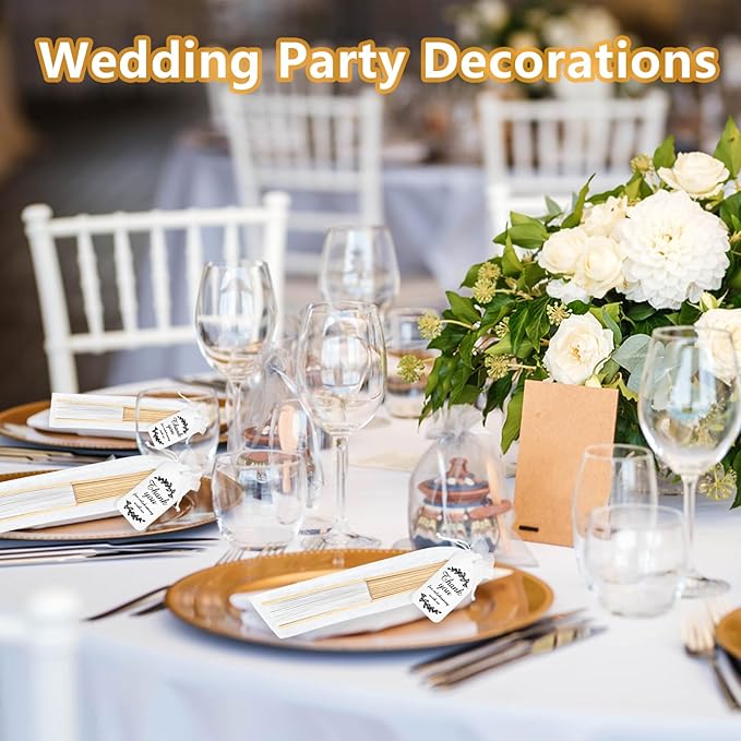 50Set Wedding Hand Fans Party Favors White Paper Folding Handheld Fans Bulk, DIY Bamboo Fans with Thank Tag Organza Bag for Guests Bridal Dancing Props Church Decoation