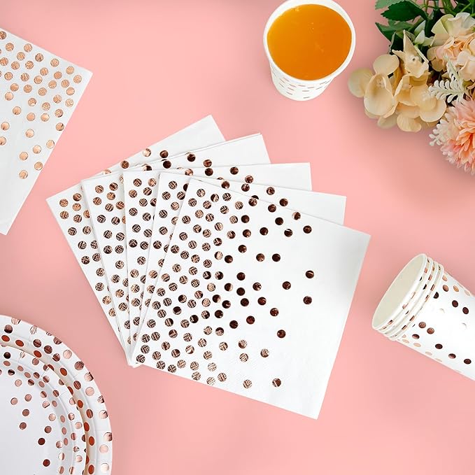 White and Rose Gold Party Supplies - 350 PCS Disposable Dinnerware Set - White Paper Plates Napkins Cups, Gold Plastic Forks Knives Spoon for Graduation, Birthday, Cocktail Party