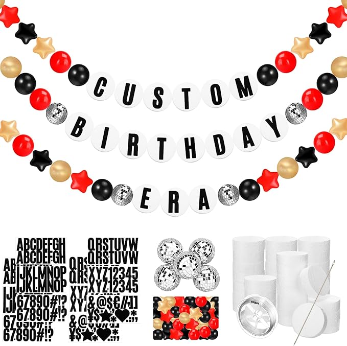 Giant Friendship Bracelet Garland Kit, DIY Birthday Banner with Letters Ball Jumbo Customizable Friendship Bracelet Decor for Halloween Christmas Wedding Party(Black, Gold, Red)