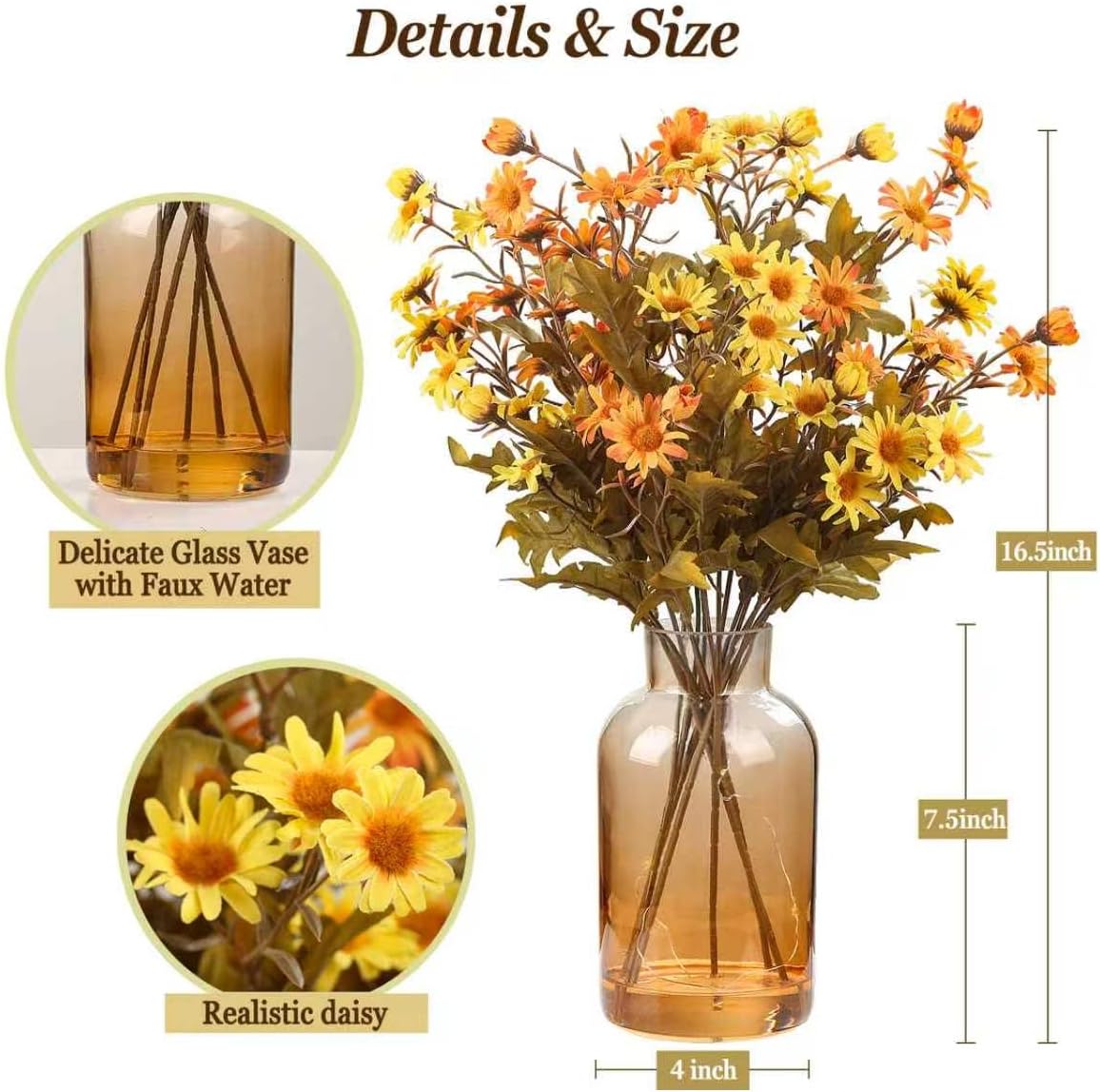 artificial daisy flowers fall flowers in amber glass, close-up detail