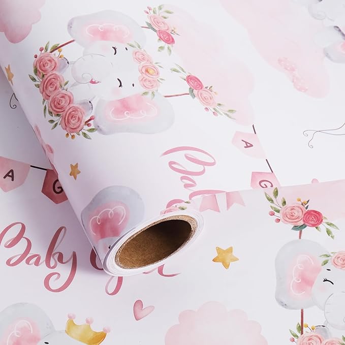 Aimyoo Pink Baby Shower Wrapping Paper Roll - 17 Inch X 16.5 Feet - Cute Elephant with Baby Girl Letter Design Perfect for Girls, Birthday, Party
