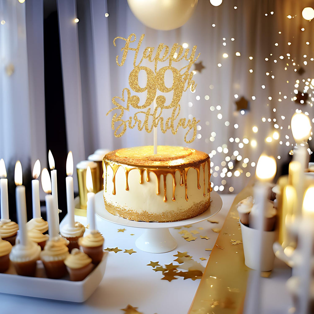 Happy 99th Birthday Cake Topper, 99th Birthday Decorations for Men/Women, Cheers to 99 Years, 99 Fabulous, 99th Happy Birthday Party Supplies Gold Glitter