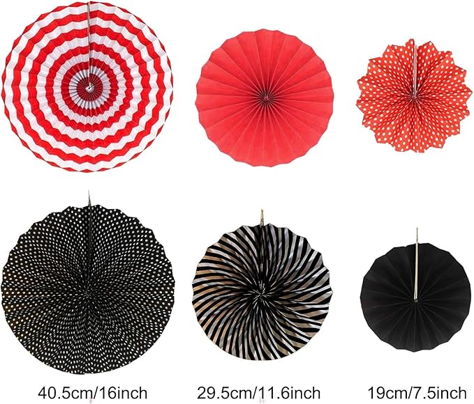 Hanging Paper Fan Set, Tissue Paper Pom Poms Flower Fan and Honeycomb Balls for Birthday Baby Shower Wedding Festival Decorations - Red Black and White