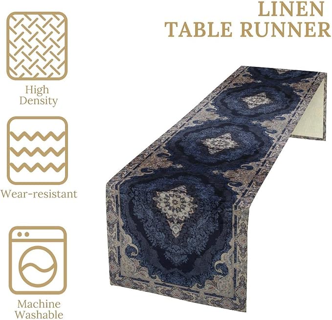 Vintage Boho Floral Table Runner, Rustic Country Farmhouse Dark Blue Grey Retro Flower Pattern for Home Kitchen Table Decor Dining Coffee Room Party Decor 13x60in