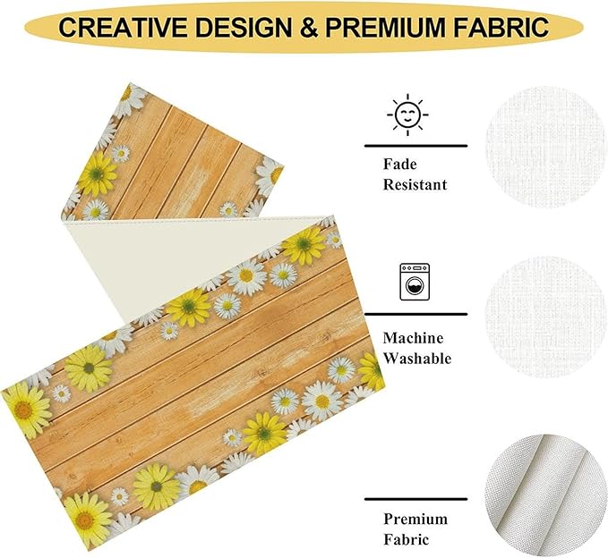 Farmhouse Floral Table Runner, Spring Seasonal Yellow Daisy Sunflower Retro Wooden Country Table Center Decor for Home Kitchen Dining Patio Holiday Party Table Decorations, 13"x36" Inch