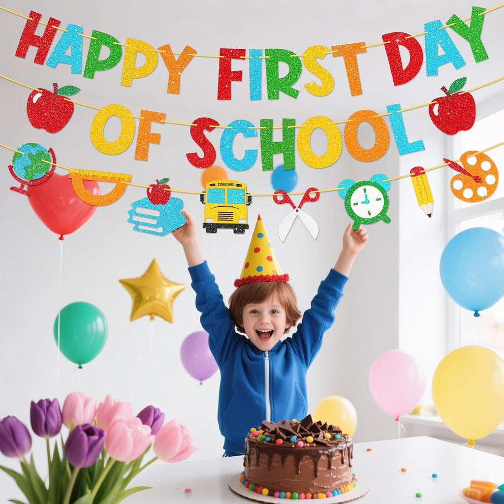 Shzbtdo Pre-Strung Happy First Day of School Banner, Glitter First Day of Kindergarten Decorations for Classroom, Welcome School Decorations for Kindergarten PreK 1st Grade Students