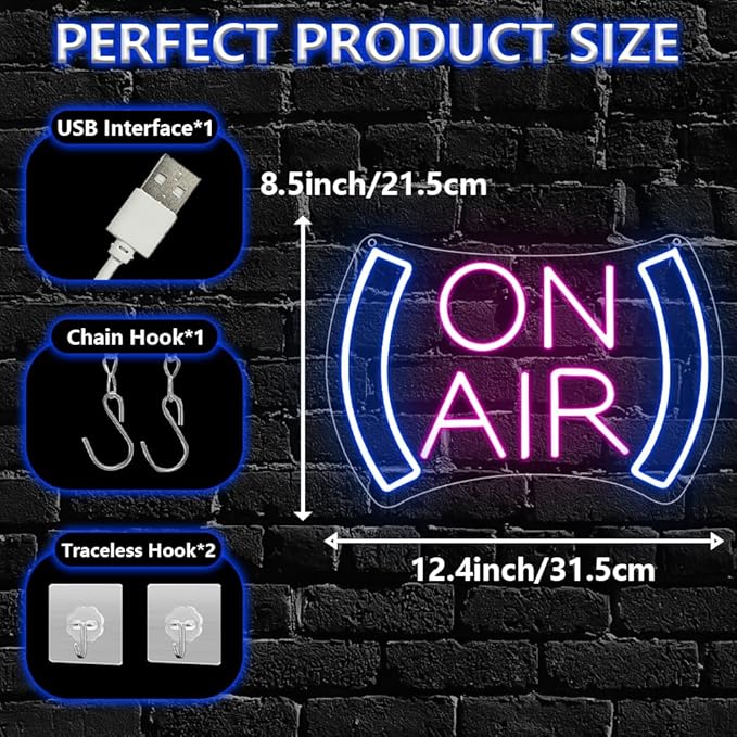 On Air Neon Sign for Wall Decor,Recording in Progress Sign for Studio Bedroom Game Room Podcast Bar Pub Club Broadcasting Room,On Air Light Sign Gift for Streamers Gamers Teens USB Powered（8.5"*12.4"）