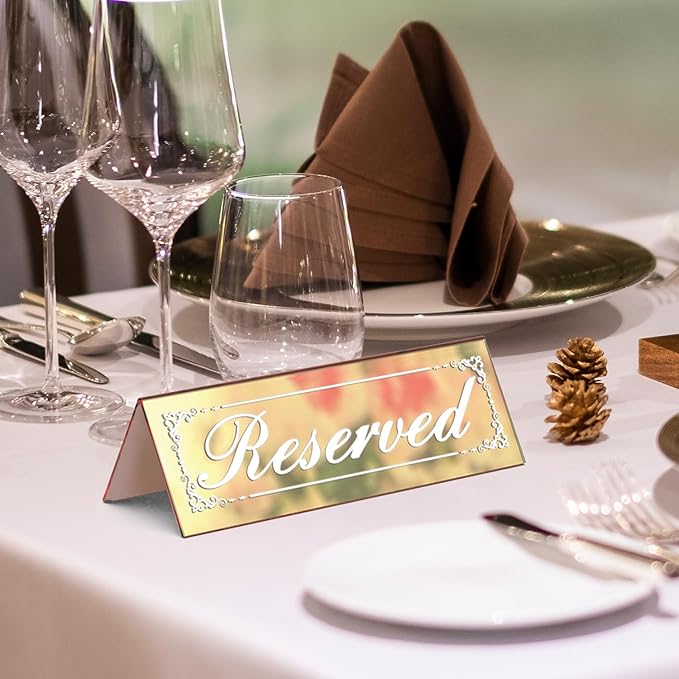 12 Pcs Mirrored Gold Reserved Table Signs, 6" x 2" Double-Sided Table Tent Sign with Suede Cleaning Cloth, Acrylic Reserved Signs for Wedding Restaurant Ceremony Party Banquet