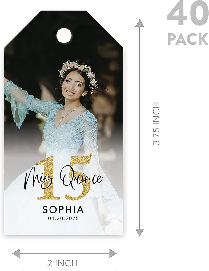 Andaz Press 40-Pack Personalized Quinceañera Favor Tags with String, Classic Gift Tags Mis Quince with Custom Photo for Quince Años, XV, 15th Birthday, Favor Gifts, Quinceanera Decorations