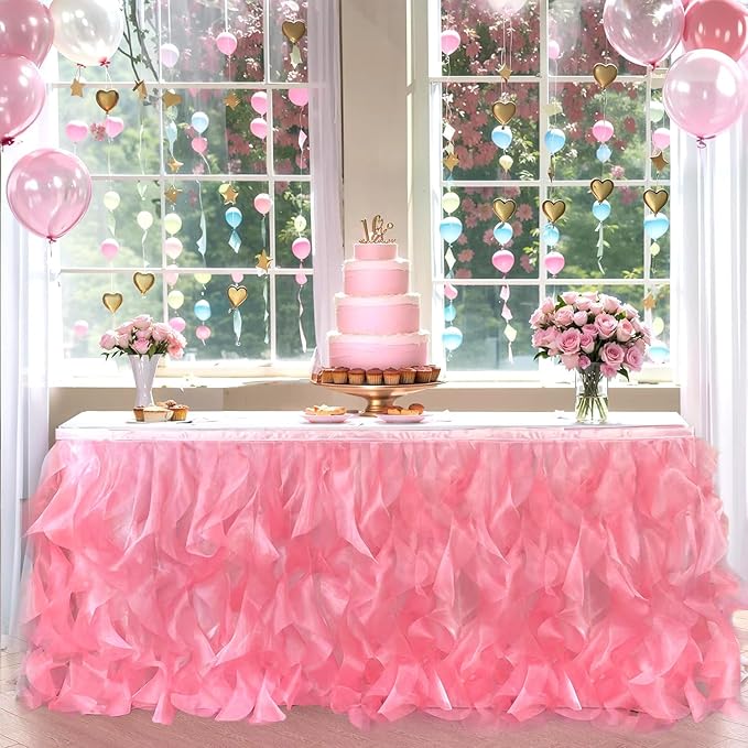 Luxury Organza Mesh Table Skirt Draping Floating Romance - Perfect for Bridal Showers, Birthday Weddings - Clear Flowing Decoration for a Wonderful Main Cake Table (Watermelon Red-6ft, 72" L×30" H)