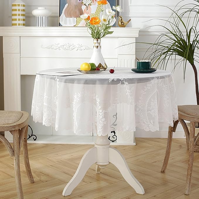 Jeloris Round Lace Tablecloth with Elegant Scalloped Bottom for Any Special Event Such as Wedding, Birthday Party, Baby Shower, Anniversary (48 inch, Style 6)