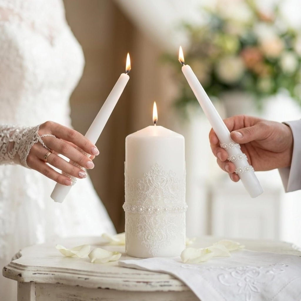 Unity Candle Set - Wedding Ceremony & Reception – 6” Pillar & Two 10” Taper Candles – Long Burning Unity Candles for Marriage Ritual – Handmade in USA – White | Lace