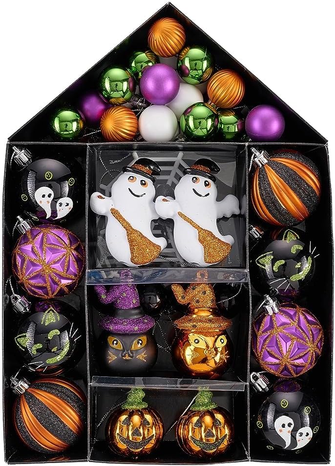 Valery Madelyn 40ct Medium Halloween Ornaments Shatterproof Tree Decoration | Ghost Cat Jack-o'-Lantern Pumpkin Vintage Variety Hanging Ball Ornaments Set for Small Tree, Cute Holiday Party Home Decor