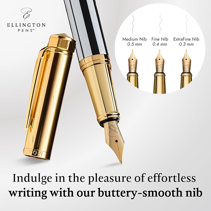 Ellington Pens Luxury Fountain Pen Set- Fountain Pens for Writing - Smooth Extra Fine Nib - Includes Refillable Ink Converter, 3 Ink Cartridges [Black & Blue], Gift Box - Elegant Calligraphy