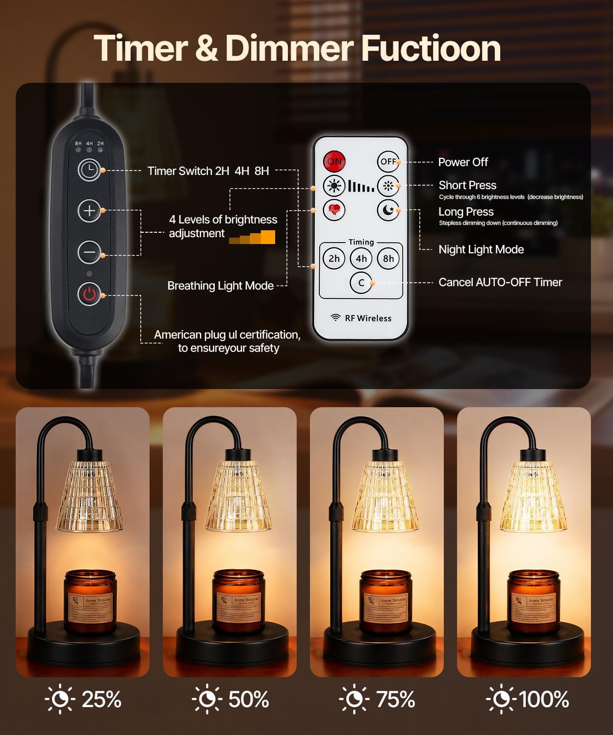 Candle Warmer Lamp with Remote Control Timer Dimmer - Wax Melt Warmer with 2 Bulbs, Adjustable Height, Birthday Gifts for Mom Women, House Warming Gifts New Home Decor (Round)