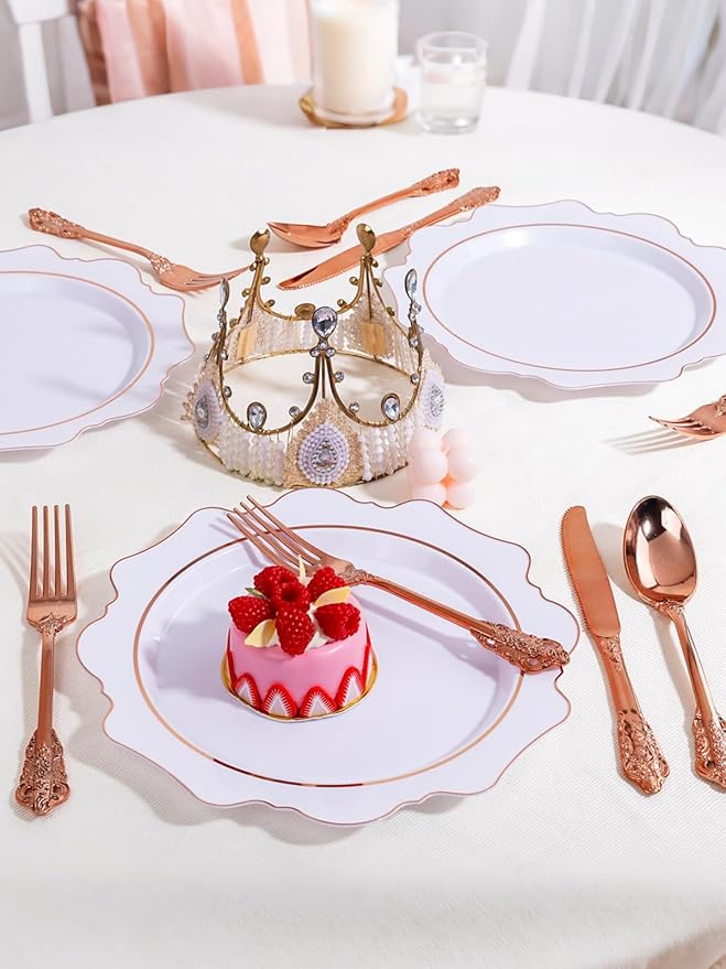 WDF 120Pieces Rose Gold Plastic Silverware - Heavy Duty Rose Gold Plastic Cutlery Set - Disposable Rose Gold Utensils - Rose Gold Flatware Includes 40 Forks, 40 Spoons, 40 Knives for Wedding