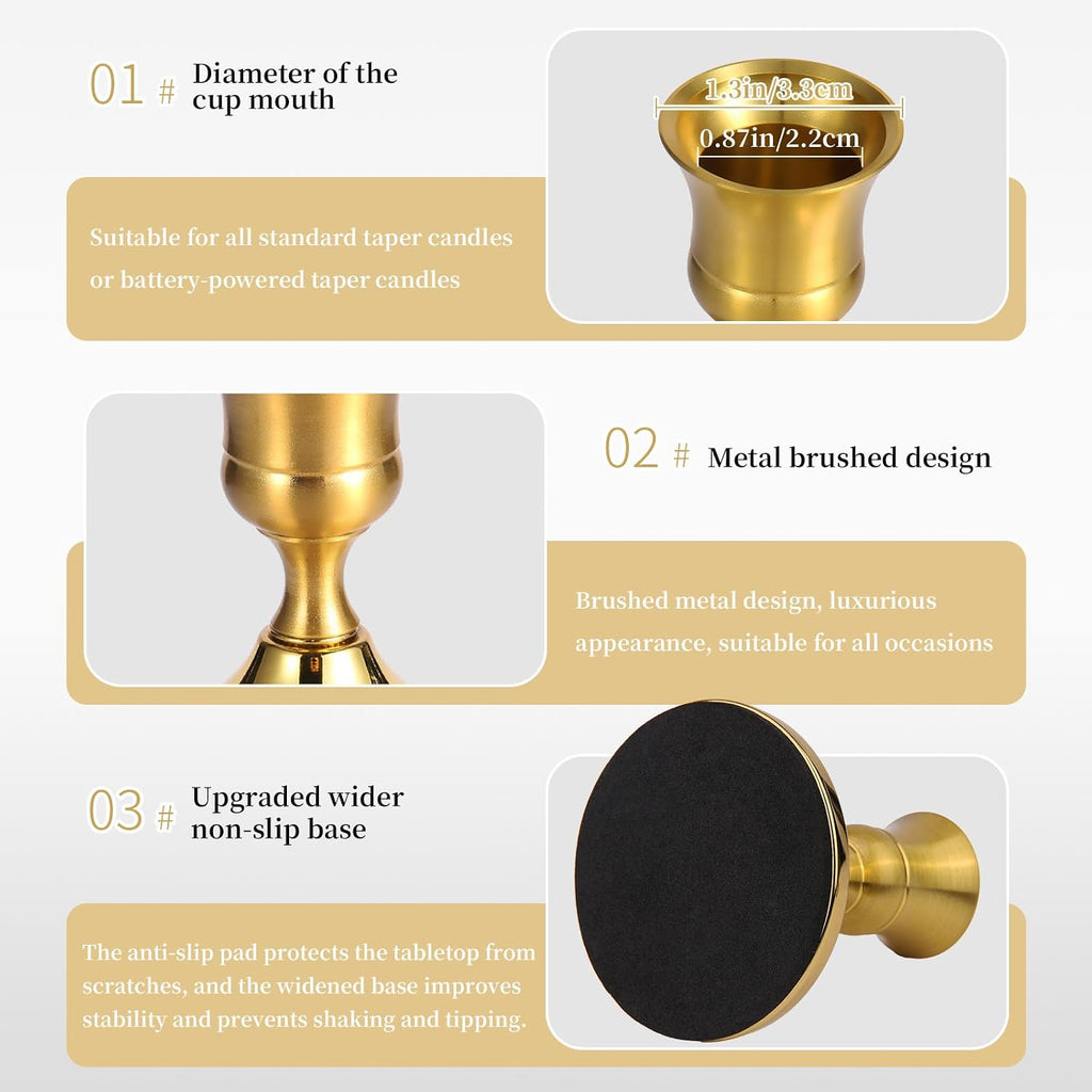 3 Pcs Brass Gold Taper Candle Holders, Vintage Metal Candlestick Holders Set for Dining Table, Wedding & Party Centerpiece Decor, Fits Standard Taper Candles, Mantel & Home Decorations