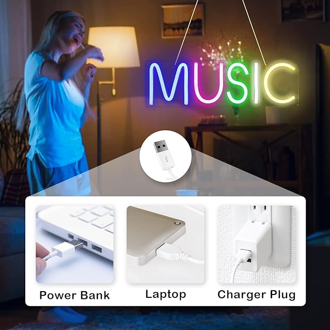 Lucunstar Music Neon Light,Neon Sign for Wall Decor Colorful Letters Neon Lights Sign Music Word LED Neon for Bedroom Game Room Club Bar Party Decoration,Game Room Decor,Room Decor