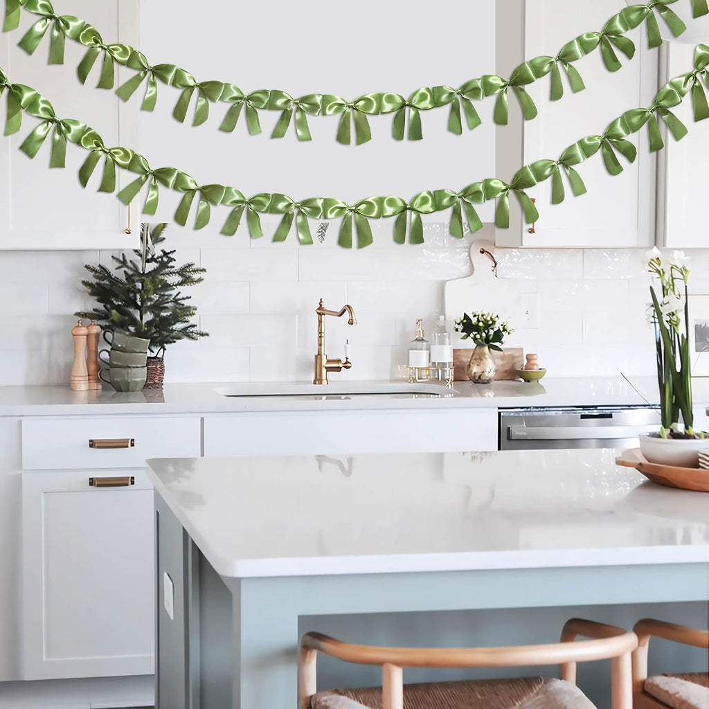 Sage Green Premade Bow Ribbon Banner Streamer Garland with 30 Bows, 6.6 Feet Long Each for Wedding Party Decoration (5.5 X 5 In Bow)
