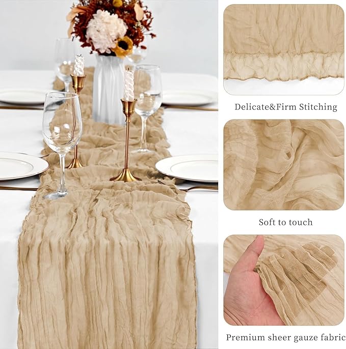 12Pcs Shallow Khaki Cheesecloth Table Runner 120 Inch10FT Champagne Rustic Boho Cheesecloth Table Runnerfor Wedding Party Baby Shower Birthday Home Decor Holiday Decorations