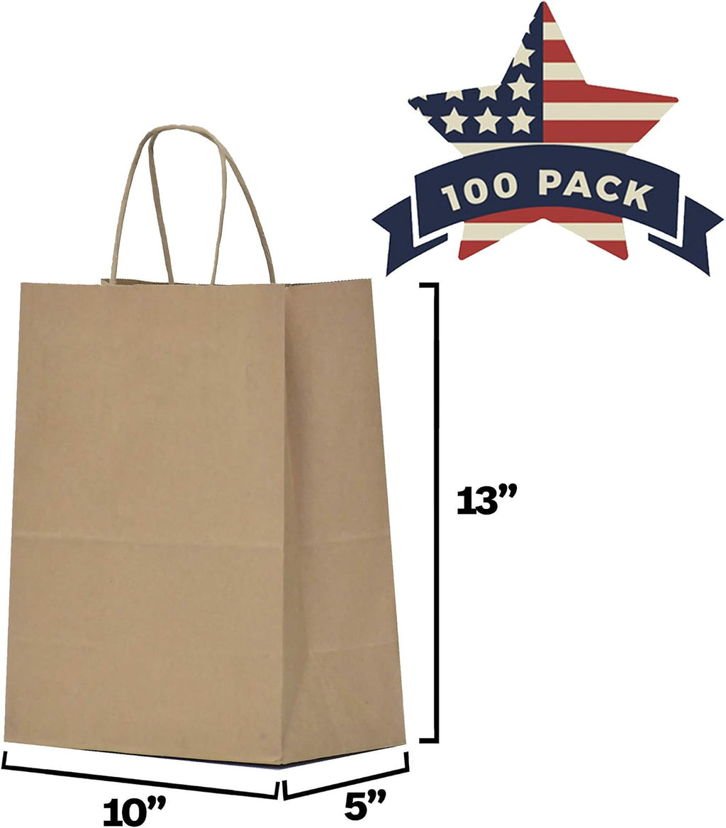 Qutuus 10x5x13 Kraft Paper Bags 100 Pcs Kraft Shopping Bags, Paper Gift Bags for Retail, Merchandise, Recycled Bulk Paper Sacks, Brown Paper Bags with Handles Bulk