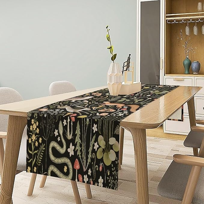 Mushroom Table Runner,Vintage Boho Forest Wild Animal Wildflower Botanical Plants Pattern Print Burlap Hotel Indoors Outdoor Dining Room Kitchen Holiday Party, 13x36in