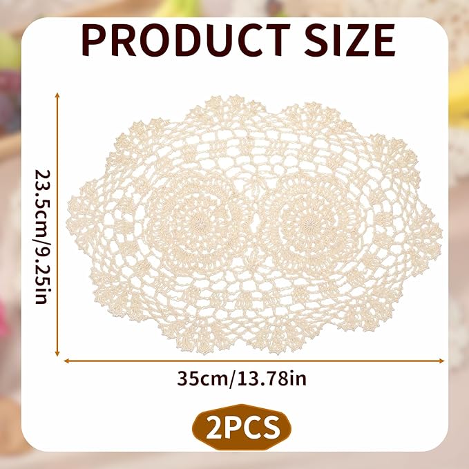 2-Pack Vintage Lace Placemats - 10x14 Inch French Crochet Lace Doilies, Handmade Embroidered Oval Table Mats for Dining, Tea Party, Wedding Decor, Furniture and Home Decoration (Beige)