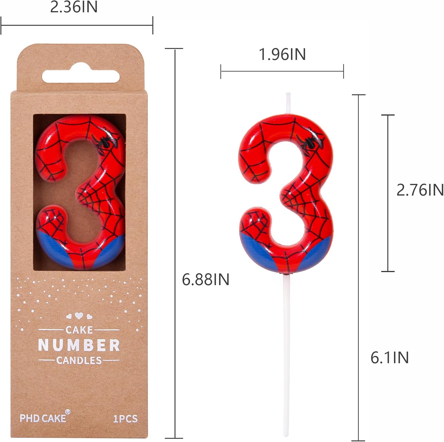 PHD CAKE 2.76 Inch Number 3 Spider Birthday Candles, Spider Cartoon Themed Number Candles, Cake Number Candles, Party Celebration