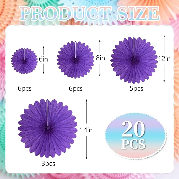 20 Pcs Purple Hanging Paper Fan, Round Paper Fans Decorations Set for Weddings, Birthdays, Engagement, Bridal Shower, Baby Shower Event, Graduation, Party Supplies Decor