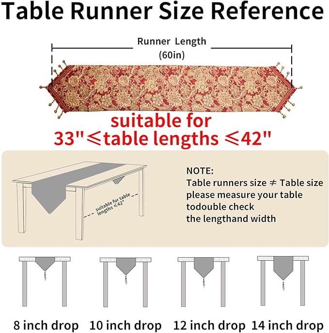 Luxury Vintage Design Table Runner 60 inches Long Embroidery Jacquard Fabric with Multi-Tassels Table Runners for Dining Room Dresser Christmas Thanksgivi Party Fireplace Decorations (Red, 12X60inch)