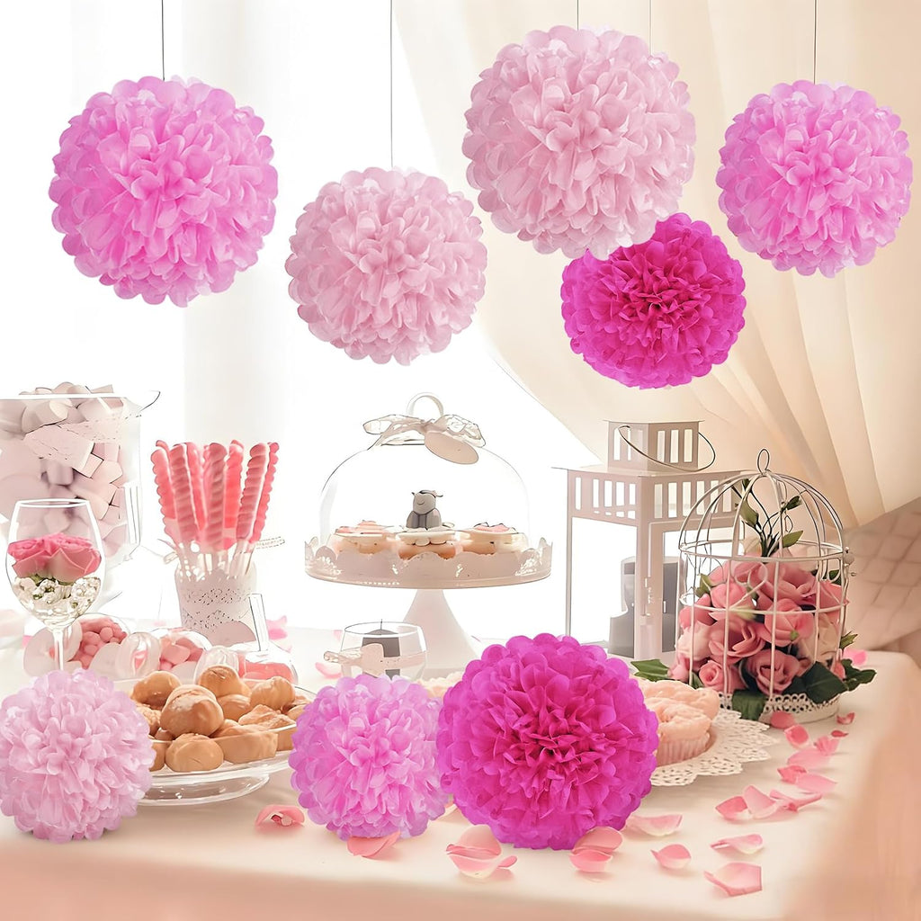 Hot Pink Tissue Pom Poms Paper Flowers Hanging Decorations Pink Flower Ball for Mother's Day Baby Shower Wedding Nursery Birthday Party Backdrop Home Outdoor