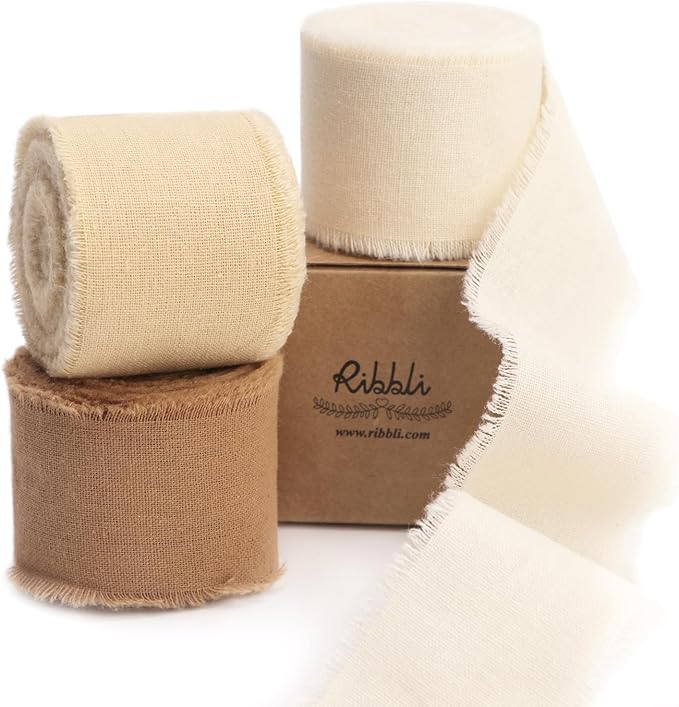 Ribbli 3 Rolls Beige Ribbon 1.5 Inch x 18Yards Ivory Nude Khaki Handmade Cotton Frayed Fringe Ribbons for Gift Wrapping Wedding Invites Bridal Bouquets Baby Shower DIY Crafts Home Decor