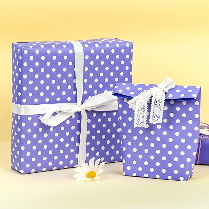 WRAPAHOLIC Reversible Wrapping Paper - Mini Roll - 17 Inch X 33 Feet - Light Purple and Polka Dot Design for Birthday, Holiday, Wedding, Baby Shower