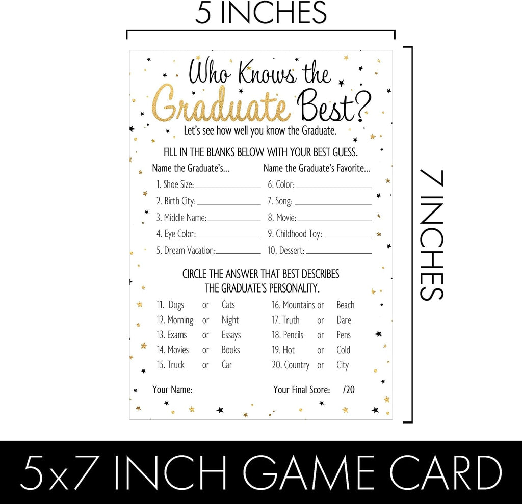 DISTINCTIVS Who Knows The Graduate Best Graduation Game, 25 Count | 5" x 7" Cards, Class of 2026 Grad Party Theme Idea Activity