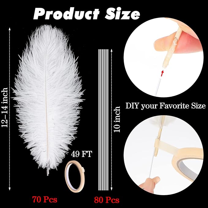 Hanaive 150 Pcs Ostrich Feathers Set Bulk Plumes 12-14 Inch (30-35cm) 70 Pcs Large Ostrich Feathers with 80 Sticks and Tape for DIY Crafts Wedding Home Party Centerpiece Decorations(White)