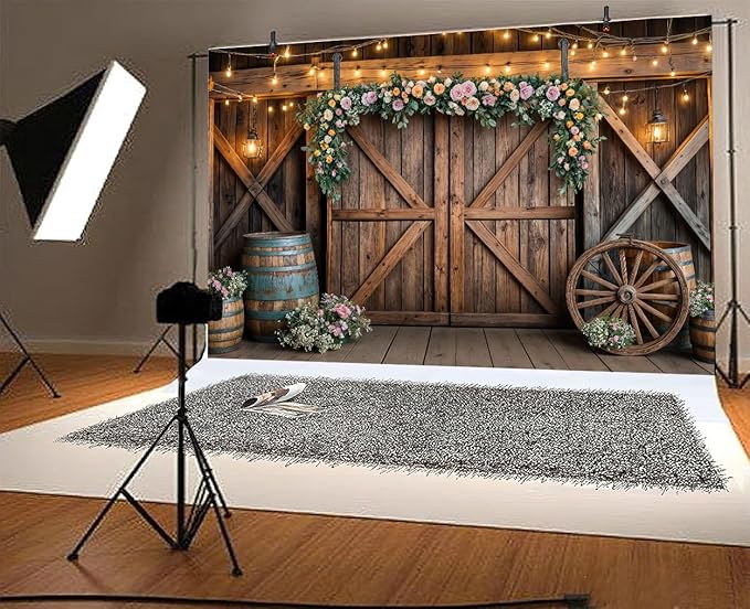 8x6ft Country Wedding Photography Backdrop Rustic Barn Door Photography Backdrop Farmhouse Pink Flower Cabin Wooden Birthday Baby Shower Wedding Bridal Party Banner Photo Booth Props Background