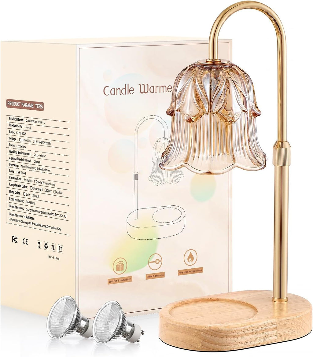 Candle Warmer Lamp Adjustable Timer - Electric Flower Glass Candles Warmers - Height Adjustable Dimmable Vintage Base Modern Wax Candles Top Warmers Wax Melts Birthday Women Mom House Warming Gifts