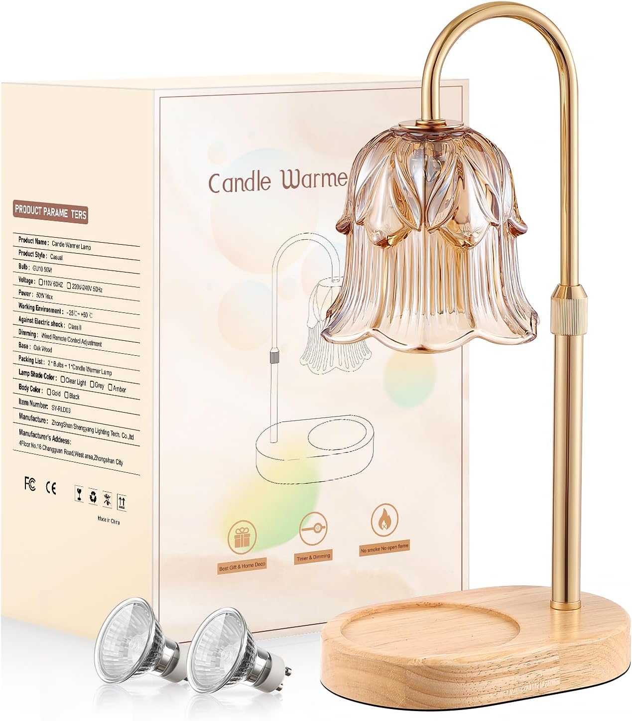 Candle Warmer Lamp Adjustable Timer - Electric Flower Glass Candles Warmers - Height Adjustable Dimmable Vintage Base Modern Wax Candles Top Warmers Wax Melts Birthday Women Mom House Warming Gifts