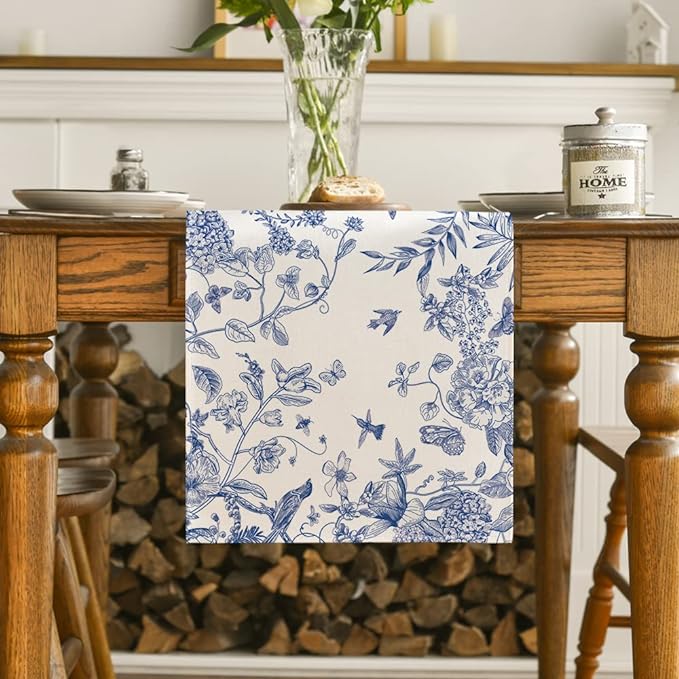 Artoid Mode Monochrome Sketch Birds and Flowers Spring Table Runner, Seasonal Summer Fall Kitchen Dining Table Decoration for Home Party Decor 13x120 Inch