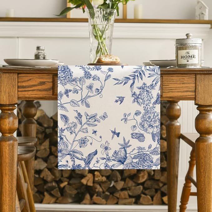 Artoid Mode Monochrome Sketch Birds and Flowers Spring Table Runner, Seasonal Summer Fall Kitchen Dining Table Decoration for Home Party Decor 13x60 Inch