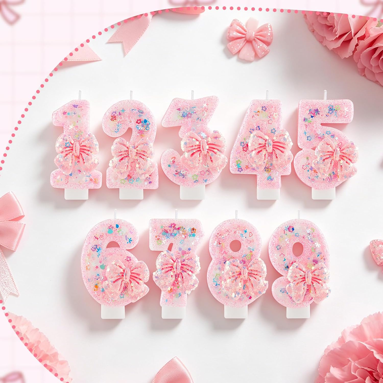 Pink Glitter Candle with Bow, Cute 5th Birthday Cake Topper, Number Candle with Confetti & Star Heart Decorations, Sweet Themed Birthday Party Supplies for Girls, Anniversary & Celebration Decor