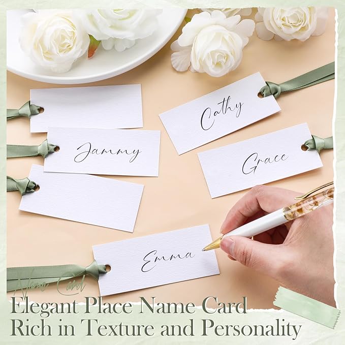 50 Pcs Name Place Cards for Table Setting Blank Wedding Place Cards with Satin Ribbon 1.57 x 3.54 Inch Hanging Gift Tags for Wedding Dinner Banquet Party Table Setting Supplies(Sage Green)