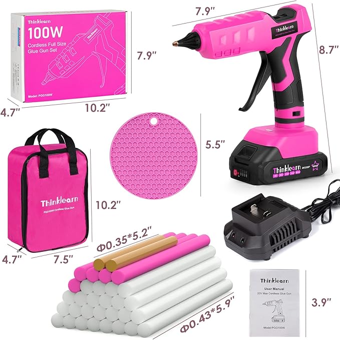 Hot Glue Gun, 20V Pink Cordless Glue Gun with 30 PCS Full Size Glue Sticks, 2Ah Rechargeable Battery Glue Gun Kit for DIY, Arts & Craft, Decorations, Gift for Women