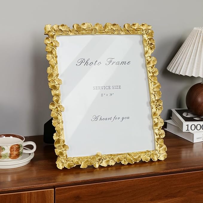Cuspin 11x14 Picture Frame Vintage Gold Frames, Ornate Leaf Textured Hand-Crafted Resin with Glass Front, Gold Picture Frames for Tabletop Display, Retro Design Home Decor