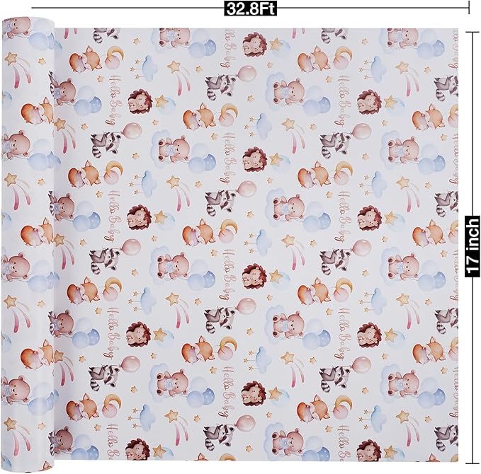 Aimyoo Baby Shower Wrapping Paper Roll - 17 Inch x 32.8 Feet - Cute Animal with Hello Baby Letter Design Perfect for Boys Girls, Birthday, Party